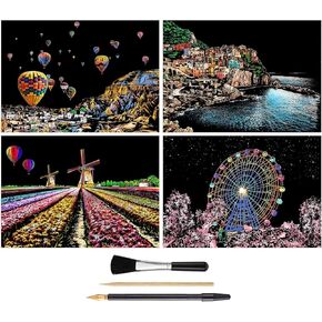 Rainbow Scratch Art Painting Paper (A4) for Kids & Adults, DIY Night View Scratchboard Set: 4 Sheets Scratch Cards & Drawing Pen, Clean Brush (Cinque Terre/Windmill/Hot Air Balloon/Ferris Wheel)