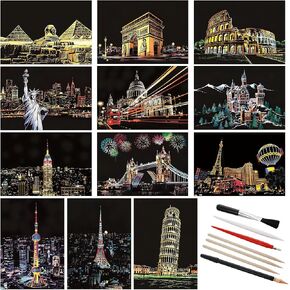 Lusofie 12 Sheets Scratch Painting Rainbow Paper, Sketch Pads DIY Art Craft City Series Night View Scratchboard for Adults and Kids, Craft Art Kits with 6 Tools-7.8 X 5.5 Inches(Style A)