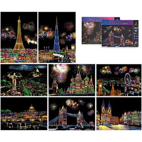 Scratch & Sketch Art Paper A4 for Kids & Adults, Paint by Scratch Rainbow Scratch Painting Night View Art&Craft, 8PC Scratch Cards & Scratch Drawing Pen, Clean Brush (Beautiful City)