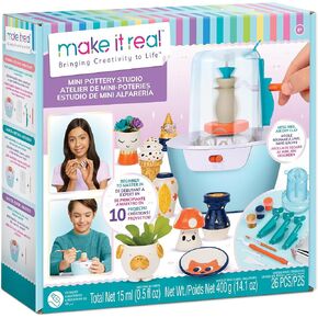 Make It Real Mini Pottery Studio Deluxe Set - DIY All-in-1 Sculpting Craft Kit for Kids & Tweens - Create 20 Unique Miniature Clay Projects - No Mess, No Bake, Quiet Wheel - All Skill Levels Ages 8