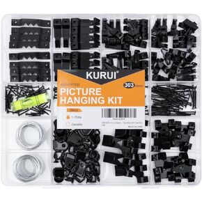 KURUI 303Pcs Picture Hanging Kit, Picture Hangers Assorted Kit With Heavy Duty Wall Hooks, Sawtooth, Picture Wire, D Rings, Hardware Nails, Eye Hooks and Picture Hanging Tool for Frame Canvas Mounting