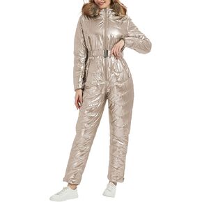 RISISSIDA Women Ski Suit Jumpsuit, Winter Onesies Outdoor Sports Waterproof Snowsuit One Piece with Hood Removable Fur Collar