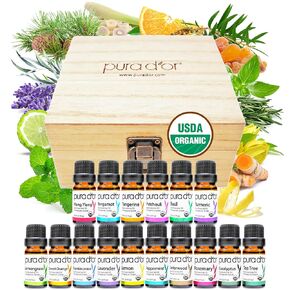 مجموعة Pura d'Or Perfect Perfect 10 زيوت أساسية - 10 × 10 مل مجموعة هدايا من الخشب العطرية - 100 ٪ درجة علاجية نقية للاسترخاء والعافية (الخزامى ، النعناع ، الأوكالبتوس ، شجرة الشاي والمزيد)