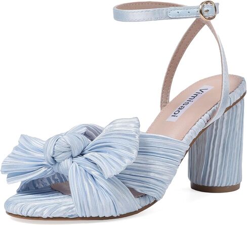 VIMISAOI Women's Bow Knot Heeled Sandals Open Toe High Block Chunky Heels Ankle Buckle Strap Pleated Bride Wedding Party Dress Shoes in Kuwait