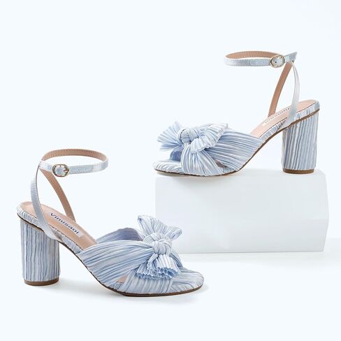 VIMISAOI Women's Bow Knot Heeled Sandals Open Toe High Block Chunky Heels Ankle Buckle Strap Pleated Bride Wedding Party Dress Shoes in Kuwait