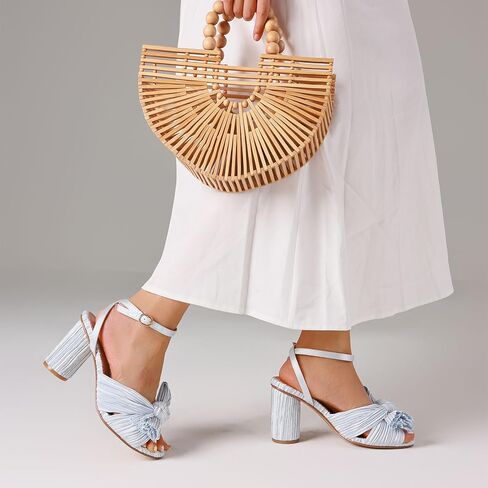 VIMISAOI Women's Bow Knot Heeled Sandals Open Toe High Block Chunky Heels Ankle Buckle Strap Pleated Bride Wedding Party Dress Shoes in Kuwait