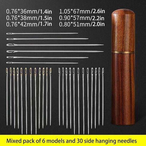 30 Pcs Self Threading Sewing Needles, 6 Sizes of Embroidery Needles Side Threading Hand Sewing Needles, with Wooden Needle Case, for Knitting Mending DIY Embroidery Sewing, Handsewing Art Crafts in Saudi Arabia