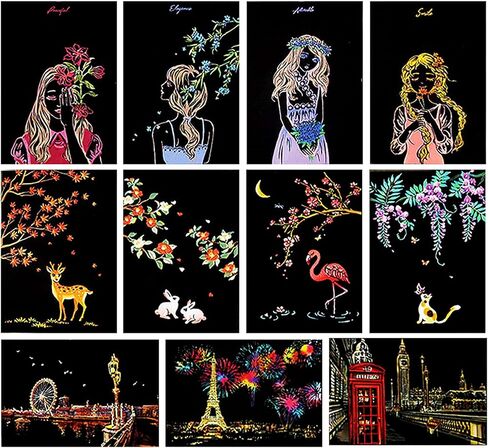 Magic Scratch Art Paper(7.9"x5.5"), Rainbow Landscape Engraving Art Mini Scratchboard Pads for Adults and Kids, Art & Crafts Set: 12 Sheets Scratch Postcard Cards & Drawing Pens, Brush (City Living) in Saudi Arabia