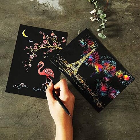 Magic Scratch Art Paper(7.9"x5.5"), Rainbow Landscape Engraving Art Mini Scratchboard Pads for Adults and Kids, Art & Crafts Set: 12 Sheets Scratch Postcard Cards & Drawing Pens, Brush (City Living) in Saudi Arabia