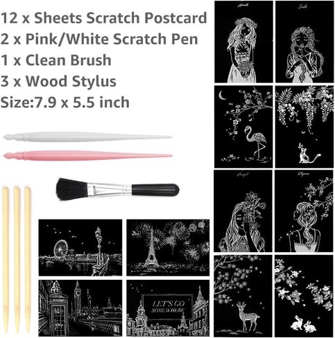 Magic Scratch Art Paper(7.9"x5.5"), Rainbow Landscape Engraving Art Mini Scratchboard Pads for Adults and Kids, Art & Crafts Set: 12 Sheets Scratch Postcard Cards & Drawing Pens, Brush (City Living) in Saudi Arabia