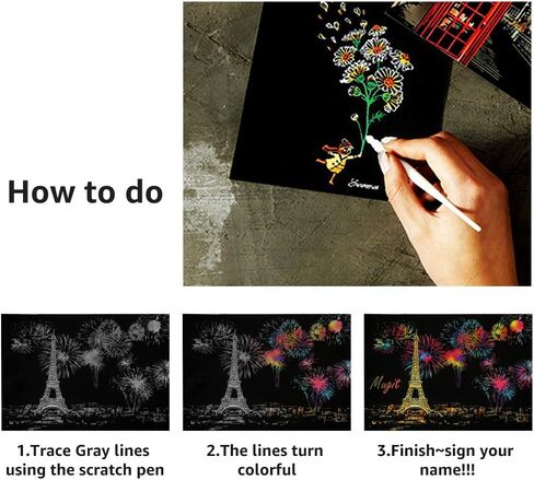 Magic Scratch Art Paper(7.9"x5.5"), Rainbow Landscape Engraving Art Mini Scratchboard Pads for Adults and Kids, Art & Crafts Set: 12 Sheets Scratch Postcard Cards & Drawing Pens, Brush (City Living) in Saudi Arabia