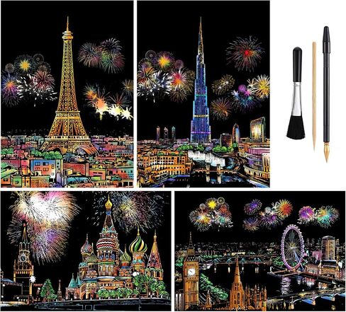 Rainbow Scratch Art Painting Paper (A4) for Kids & Adults, DIY Night View Scratchboard Set: 4 Sheets Scratch Cards & Drawing Pen, Clean Brush (Cinque Terre/Windmill/Hot Air Balloon/Ferris Wheel) in Kuwait
