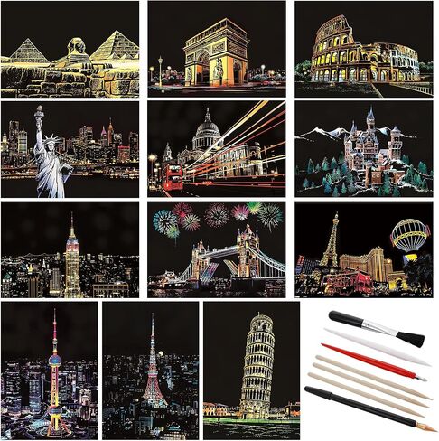 Lusofie 12 Sheets Scratch Painting Rainbow Paper, Sketch Pads DIY Art Craft City Series Night View Scratchboard for Adults and Kids, Craft Art Kits with 6 Tools-7.8 X 5.5 Inches(Style A) in Saudi Arabia