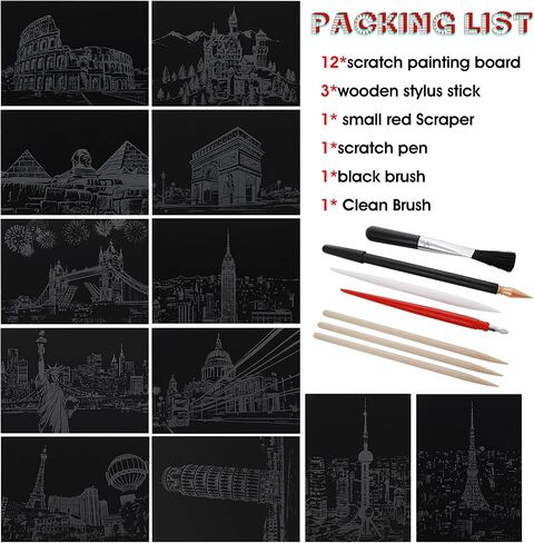 Lusofie 12 Sheets Scratch Painting Rainbow Paper, Sketch Pads DIY Art Craft City Series Night View Scratchboard for Adults and Kids, Craft Art Kits with 6 Tools-7.8 X 5.5 Inches(Style A) in Saudi Arabia