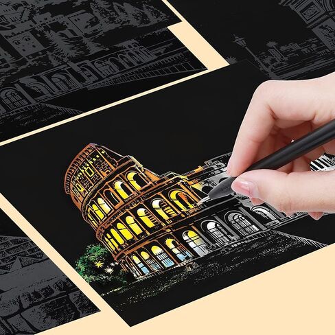 Lusofie 12 Sheets Scratch Painting Rainbow Paper, Sketch Pads DIY Art Craft City Series Night View Scratchboard for Adults and Kids, Craft Art Kits with 6 Tools-7.8 X 5.5 Inches(Style A) in Saudi Arabia