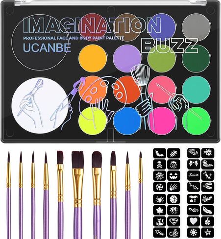 UCANBE Face & Body Paint, Water Activated SFX Makeup Palette - Extra Large White & Black Pan, Professional 18 Color Safe Non Toxic Art Painting Kit for Halloween, Cosplay, Parties, Theater & Stage in Kuwait