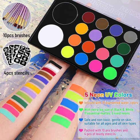 UCANBE Face & Body Paint, Water Activated SFX Makeup Palette - Extra Large White & Black Pan, Professional 18 Color Safe Non Toxic Art Painting Kit for Halloween, Cosplay, Parties, Theater & Stage in Kuwait