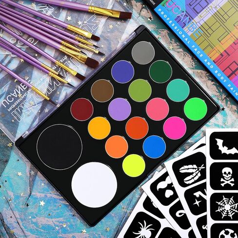 UCANBE Face & Body Paint, Water Activated SFX Makeup Palette - Extra Large White & Black Pan, Professional 18 Color Safe Non Toxic Art Painting Kit for Halloween, Cosplay, Parties, Theater & Stage in Kuwait