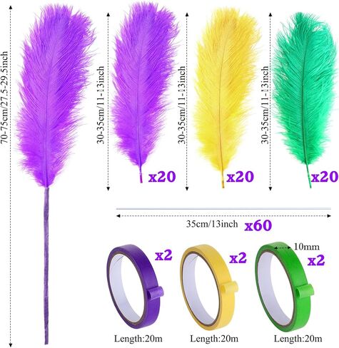 Natural Ostrich Feather Making Kit Casino Theme Ostrich Plume for Las Vegas Party Decoration Wedding Centerpieces Decor Floral Arrangement Vase (30 Pcs,Yellow, Green, Purple,12-14 Inch) in Saudi Arabia