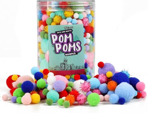 900 PCS Pom Poms, Multicolor Bulk Pom Poms Arts and Crafts, Soft and Fluffy Craft Pom Poms, Assorted Sizes Pompoms, for Arts and Craft Making Decorations in Kuwait