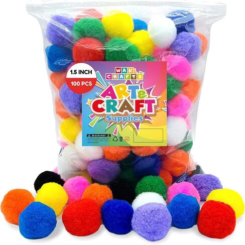 WAU Craft Pom Pom Balls - 100pcs 1.5 inch Multicolored Large Pompoms for Crafts Art DIY Project in Reusable Zipper Bag in Saudi Arabia