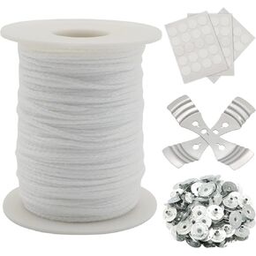 200 Ft 24 PLY Braided Wick Spool, 2 Pcs Metal Wick Holders, 100 Pcs Sustainer Tabs, 60 Candle Thread Stickers
