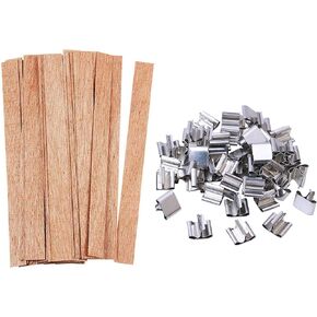 100 pcs Wooden Candle Wicks kit, Include 50 Pcs 5.1 X 0.5 Inch Candle Making Wicks and 50 Pcs Iron Stand Naturally Smokeless Wooden Candle Wicks Candle Cores for DIY Candle Making
