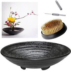 Eggone Japanese Ikebana Kit Floral Frog Flower Container with Kenzan Needle Straightening Tool - 1.57inch Black Flower Frog, 6.7inch Bowl Vase