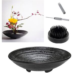 Eggone Japanese Ikebana Kit Floral Frog Flower Container with Kenzan Needle Straightening Tool - 1.57inch Black Flower Frog, 6.7inch Bowl Vase