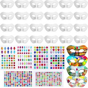 Leyndo Paper Mache Mask and Gem Stickers Mardi Gras Blank Mask to Decorate Self Adhesive Sticker White Craft