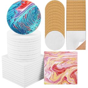 Ceramic Tile for Crafts Coasters, 24 Pack White Tiles Unglazed 4 Inch with 24 Pack Cork Backing Pads Includes Square and Round Ceramic Coasters for DIY Arts Craft Project Coasters (24)