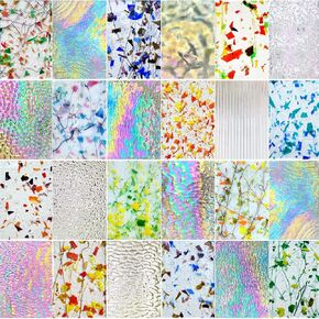 24 Sheets Rainbow Transparent Stained Glass Sheet Value Pack, 6 X 4 inches Cathedral Art Glass Mosaic Tiles for Crafts, Stained Glass Supplies for Stained Glass or Mosaic Projects