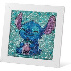 AllWenTo 5D Diamond Painting Kit for Kids with Wooden Frame Easy Small Anime Diamond Painting Full Drill Diamond Art Gem Painting for Beginners 7X7 inch (Stitch)