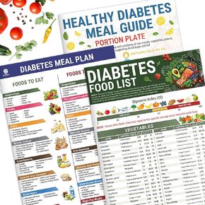 3 Pcs Diabetes Food List, Printable Diabetic Food Chart Brochure, Diabetes Information Chart, Vitamin Low Carb, Meal Planner for Diabetics Type 1 w/Serving Size, Glycemic Index (GI), Carbs Calories