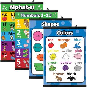 Palace Learning 4 pack - ABC Alphabet + Numbers 1-10 + Shapes + Colors Poster Set - Toddler Educational Charts (LAMINATED, 18" x 24")