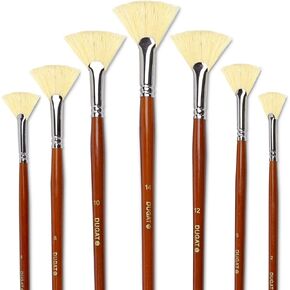 DUGATO Artist Fan Paint Brush Set of 7, White Hog Bristle Natural Hair Anti-Shedding Brush Tips, Long Wooden Handle for Comfortable Holding, Great for Acrylic Watercolor Oil Painting