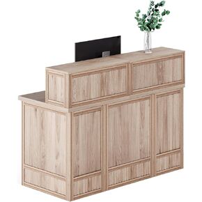 LITTLE TREE 57-Inch Reception Counter, Boho Style Front Desk, Modern Checkout Counter, Reception Desk for Retail, Lobby, Salon, Office, Oak