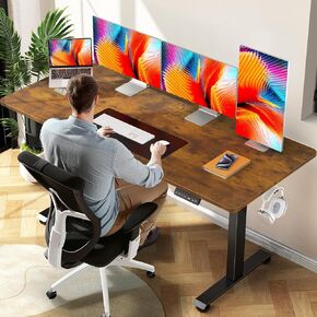 Veken Standing Desk Electric 47.2 Inch, Height Adjustable Sit Stand Up, Cable Clip, Wood Desktop, Work Home Office Computer PC Table, Writing Study Rising Desks, Brown