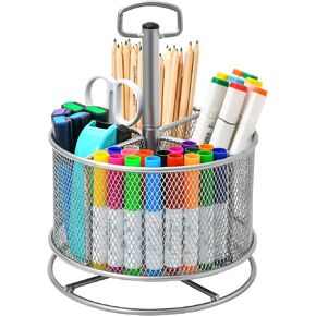 Marbrasse Mesh Desk Organizer, 360-Degree Rotating Multi-Functional Pen Holder, 4 Compartments Desktop Stationary Organizer, Home Office Art Supply Storage Box Caddy (White)
