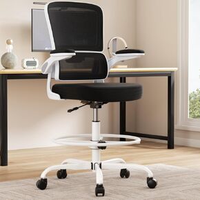 Ergonomic Drafting Chair with Footrest,Tall Office Chair for Standing Desk with Flip-up Armrests with Breathable Comfy Mesh Support and Adjustable Foot Rest Ring(Black)