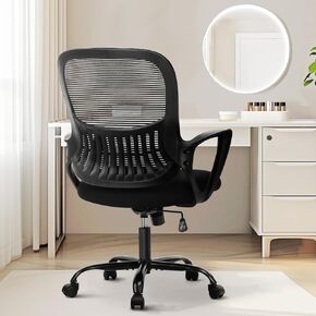 Sweetcrispy Home Office Computer Desk Chair, Ergonomic Managerial Executive Mid-Back Mesh Rolling Work Swivel Chairs with Wheels, Comfortable Lumbar Support, Comfy Arms for Bedroom, Study, Student