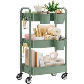 YASONIC 3 Tier Rolling Cart - Metal Utility Cart with Wheels, Hanging Cups, Hooks, Heavy Duty Mesh Rolling Storage Cart Organizer, Craft Cart for Kitchen Office, Lightweight and Sturdy