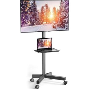 PERLESMITH Mobile TV Cart with Wheels for 23-60 Inch LCD LED OLED Flat Curved Screen Outdoor TVs Height Adjustable Shelf Floor Stand Holds up to 55lbs Monitor TV Holder with Tray Max VESA 400x400mm