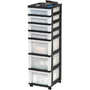 IRIS USA Plastic Drawer Storage Organizer Rolling Cart, with Wheels Casters, 4-Drawers, for Classroom Art Craft Supplies Dresser Closet Bathroom Bedroom, Top Organizer for Small Parts, Black/Pearl