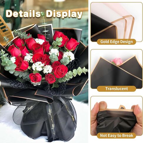 20 Sheets Flower Wrapping Paper - Waterproof Floral Bouquet Wrapping Paper Black Korean Florist Supplies Packaging Paper for DIY Crafts Wedding Birthday Gift in Saudi Arabia