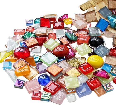 DIY Mosaic Tiles for Crafts, Colorful Glass Mosaic Kits for Adults, 350 Pcs Bulk Stained Glass Mosaic Tiles, Children Handmade Art Craft Projects for Home Decoration (Square Shape) in Kuwait