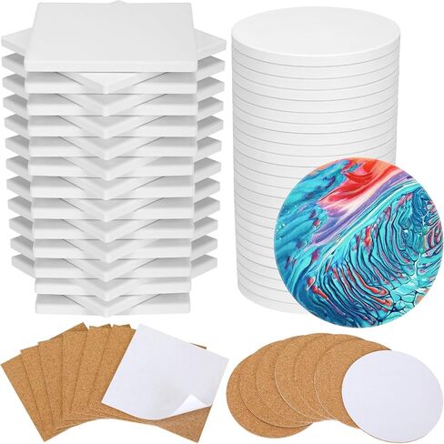 Ceramic Tile for Crafts Coasters, 24 Pack White Tiles Unglazed 4 Inch with 24 Pack Cork Backing Pads Includes Square and Round Ceramic Coasters for DIY Arts Craft Project Coasters (24) in Saudi Arabia