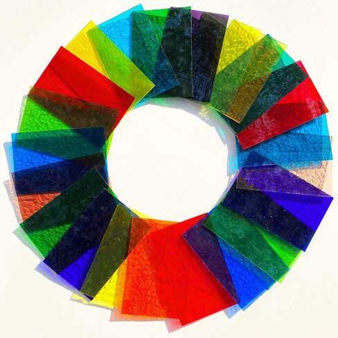 24 Sheets Rainbow Transparent Stained Glass Sheet Value Pack, 6 X 4 inches Cathedral Art Glass Mosaic Tiles for Crafts, Stained Glass Supplies for Stained Glass or Mosaic Projects in Kuwait