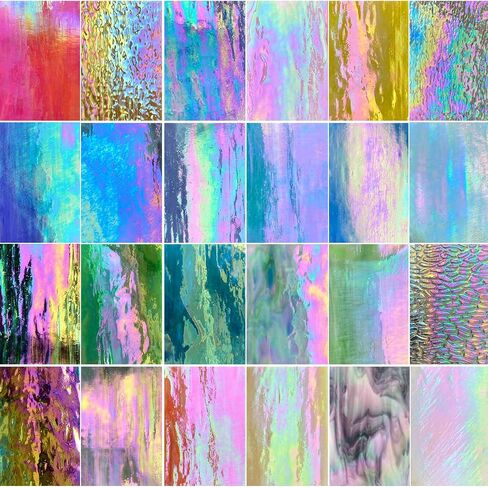 24 Sheets Rainbow Transparent Stained Glass Sheet Value Pack, 6 X 4 inches Cathedral Art Glass Mosaic Tiles for Crafts, Stained Glass Supplies for Stained Glass or Mosaic Projects in Kuwait
