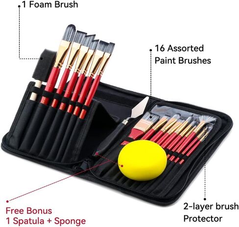 Transon Art Paint Brush Kit 16 فرش الطلاء مع ملعقة فرشاة الرغوة وعلبة الفرشاة للزيت ، والأكريليك ، والألوان المائية ، والغواش ، والرسم الأسود in Kuwait